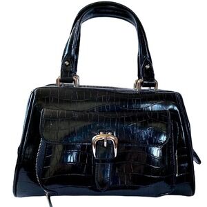 Black Croc Embossed Buckle Satchel Handbag Structured Top Handle Bag‎